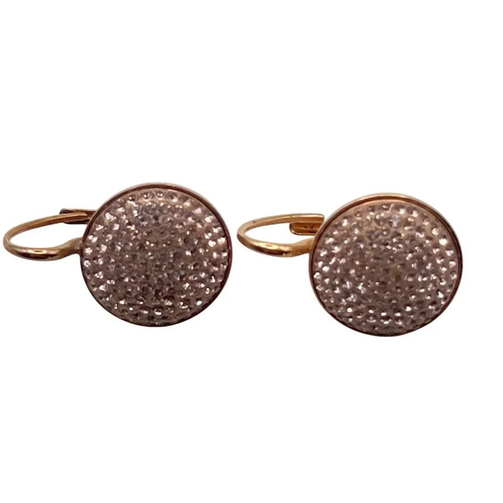 Swarovski Rose Gold-Tone Crystal Pave Leverback Earrings Half Dome 1" Glam Bling - Picture 5 of 9